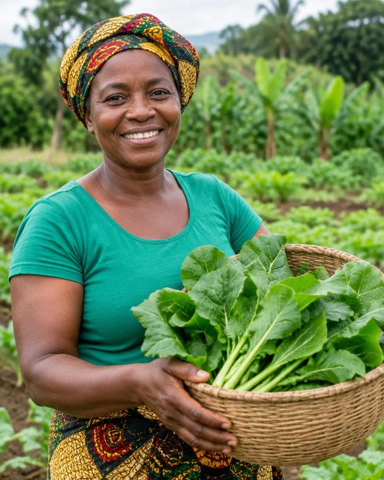 A farmer holding a basket of freshly harvested vegetables