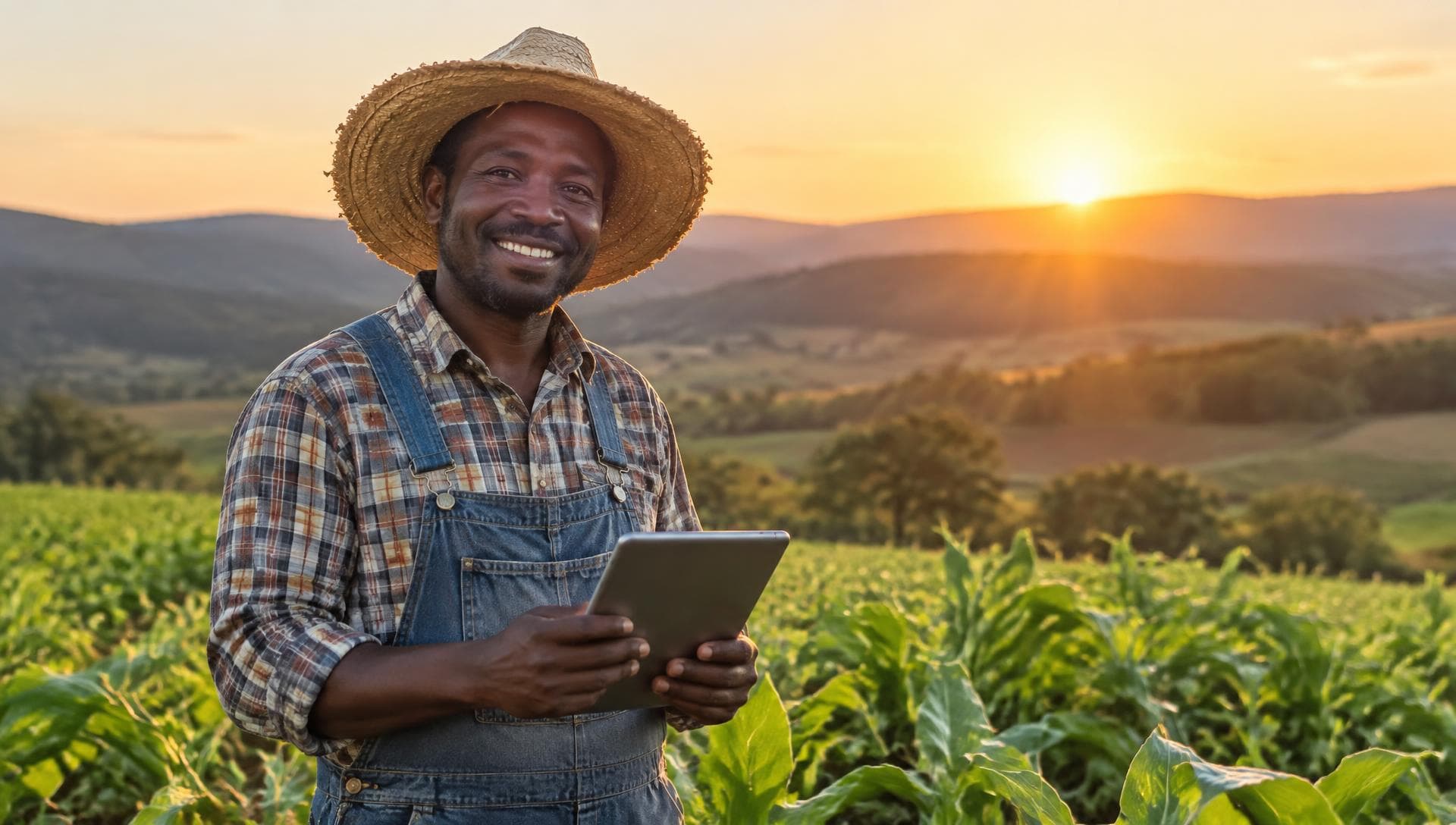A farmer checking a tablet in a green field at sunrise